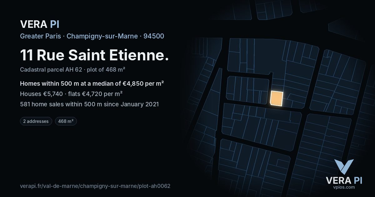 11 Rue Saint Etienne, Champigny-sur-Marne at night – the plot lit, the parcels around coloured by the prices near them