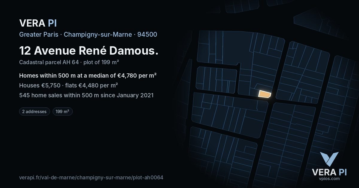 12 Avenue René Damous, Champigny-sur-Marne at night – the plot lit, the parcels around coloured by the prices near them