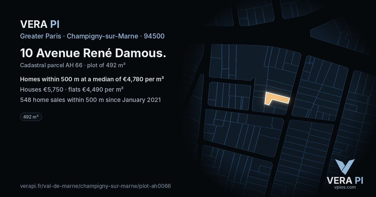 10 Avenue René Damous, Champigny-sur-Marne at night – the plot lit, the parcels around coloured by the prices near them