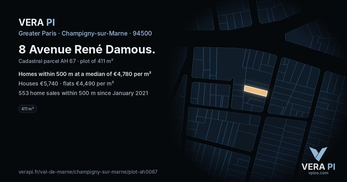 8 Avenue René Damous, Champigny-sur-Marne at night – the plot lit, the parcels around coloured by the prices near them