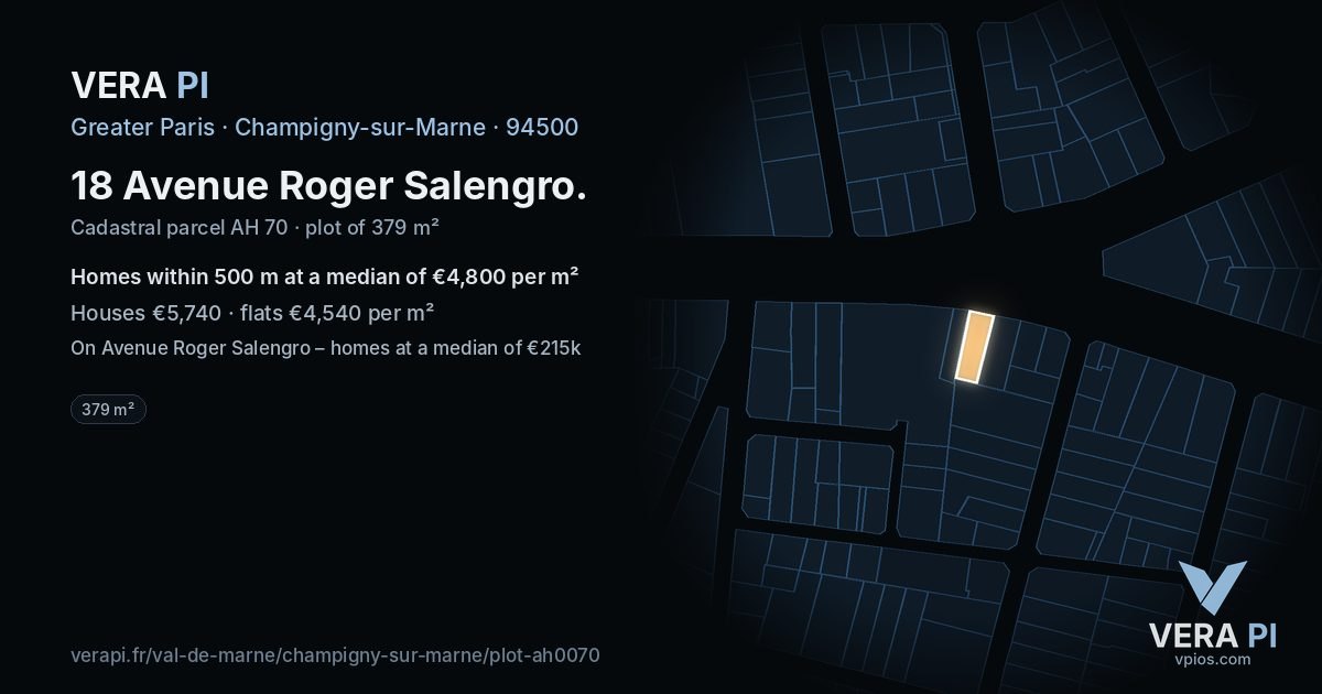 18 Avenue Roger Salengro, Champigny-sur-Marne at night – the plot lit, the parcels around coloured by the prices near them