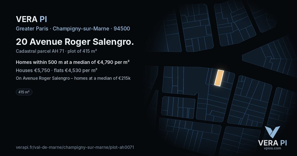 20 Avenue Roger Salengro, Champigny-sur-Marne at night – the plot lit, the parcels around coloured by the prices near them