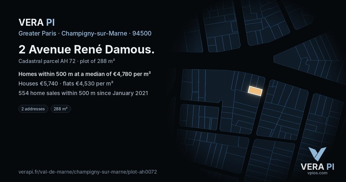 2 Avenue René Damous, Champigny-sur-Marne at night – the plot lit, the parcels around coloured by the prices near them