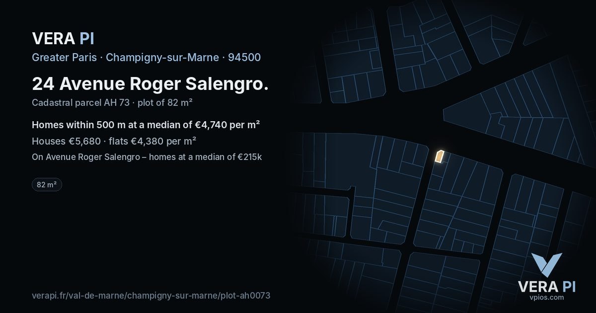 24 Avenue Roger Salengro, Champigny-sur-Marne at night – the plot lit, the parcels around coloured by the prices near them