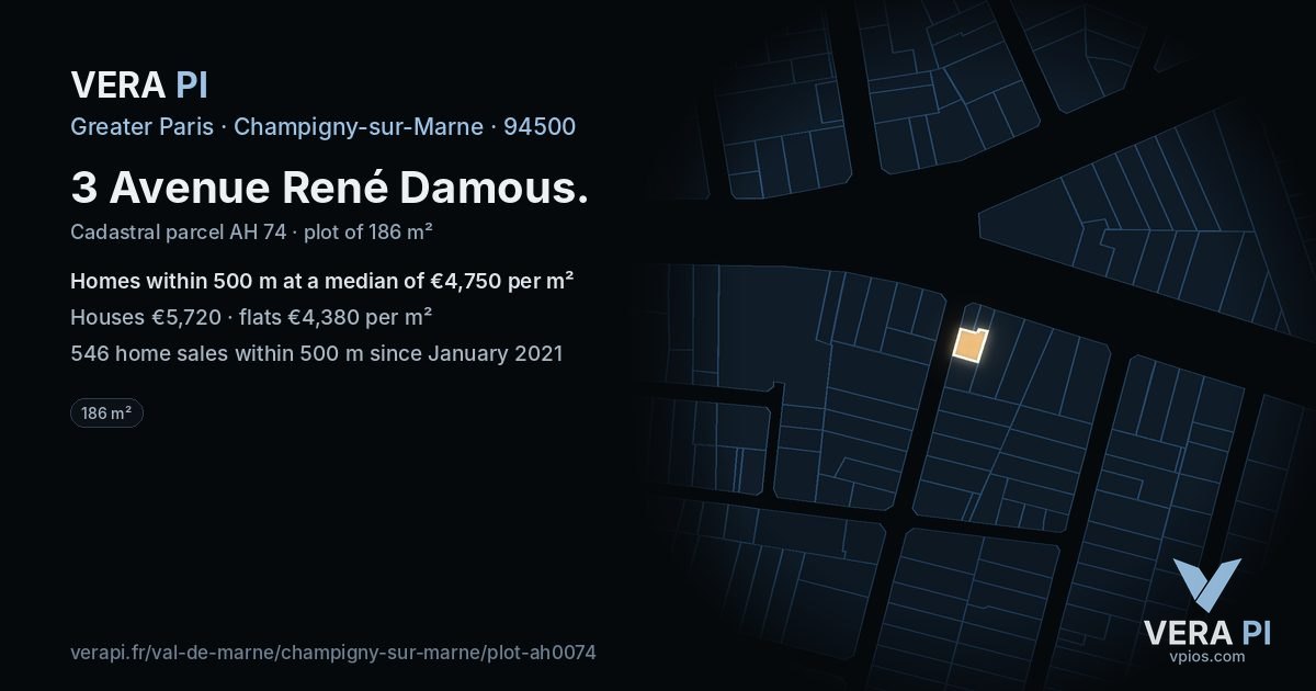 3 Avenue René Damous, Champigny-sur-Marne at night – the plot lit, the parcels around coloured by the prices near them