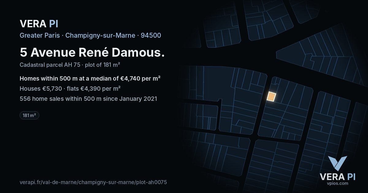5 Avenue René Damous, Champigny-sur-Marne at night – the plot lit, the parcels around coloured by the prices near them