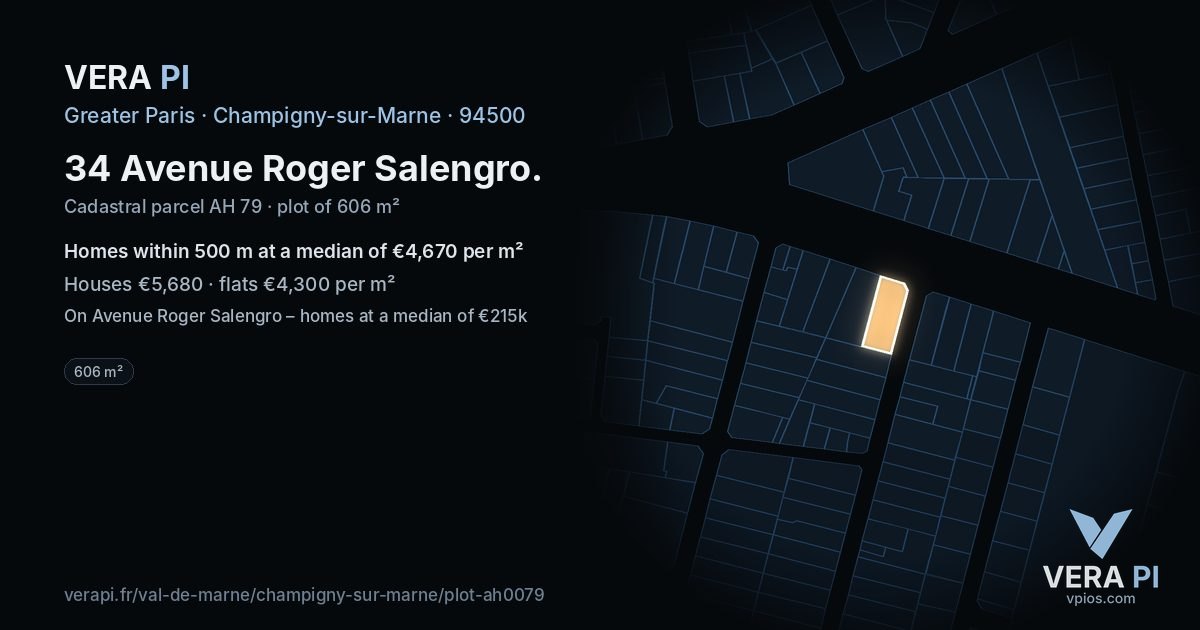 34 Avenue Roger Salengro, Champigny-sur-Marne at night – the plot lit, the parcels around coloured by the prices near them