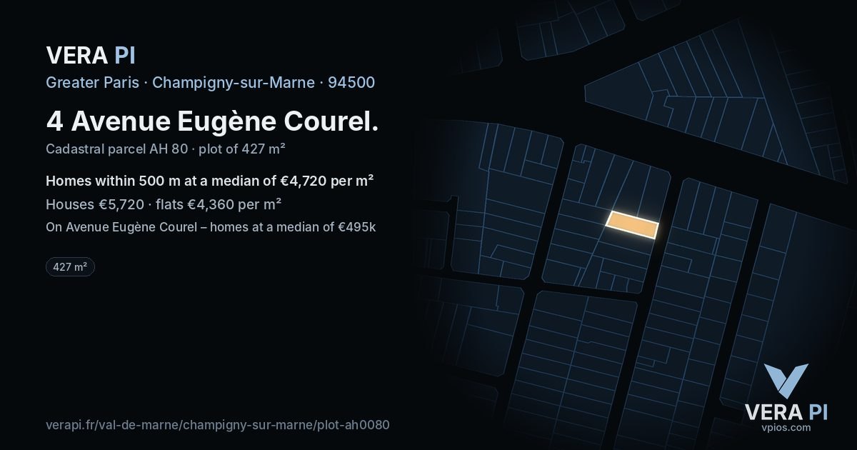 4 Avenue Eugène Courel, Champigny-sur-Marne at night – the plot lit, the parcels around coloured by the prices near them