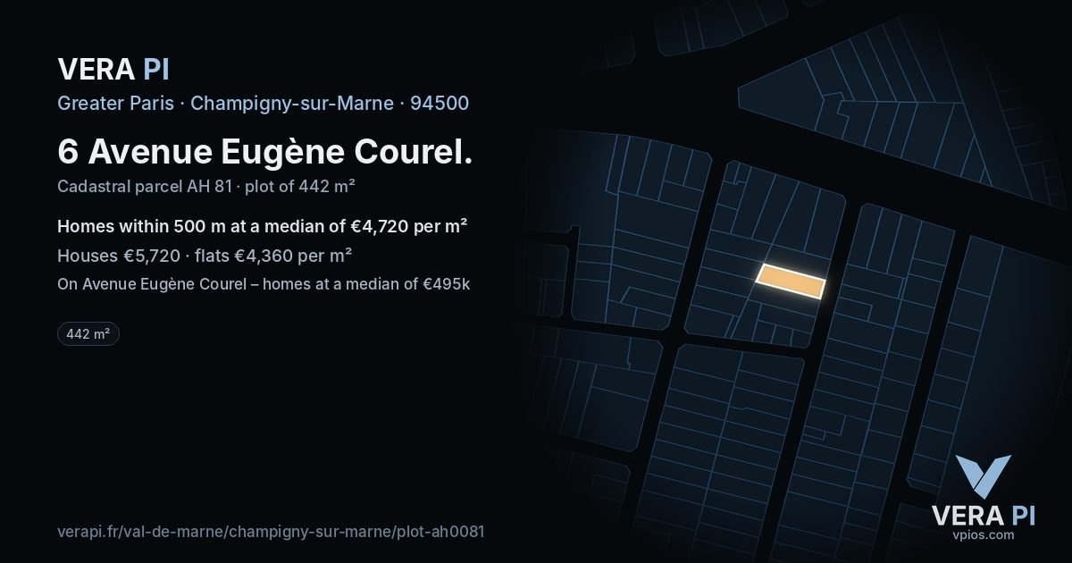 6 Avenue Eugène Courel, Champigny-sur-Marne at night – the plot lit, the parcels around coloured by the prices near them