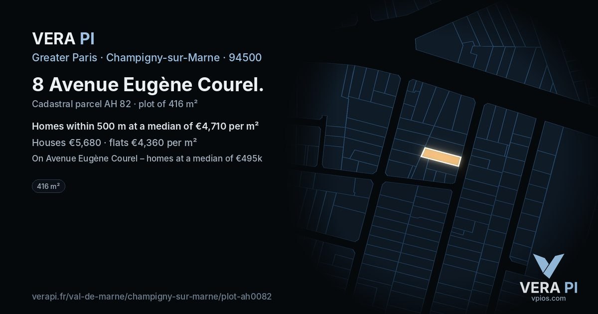 8 Avenue Eugène Courel, Champigny-sur-Marne at night – the plot lit, the parcels around coloured by the prices near them