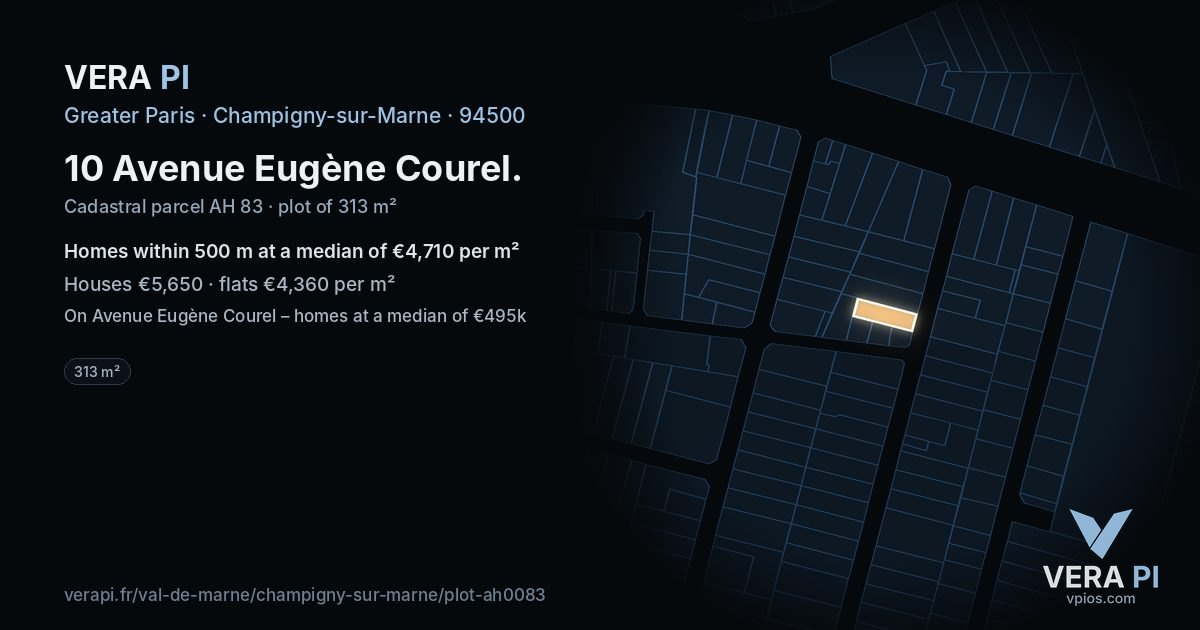 10 Avenue Eugène Courel, Champigny-sur-Marne at night – the plot lit, the parcels around coloured by the prices near them
