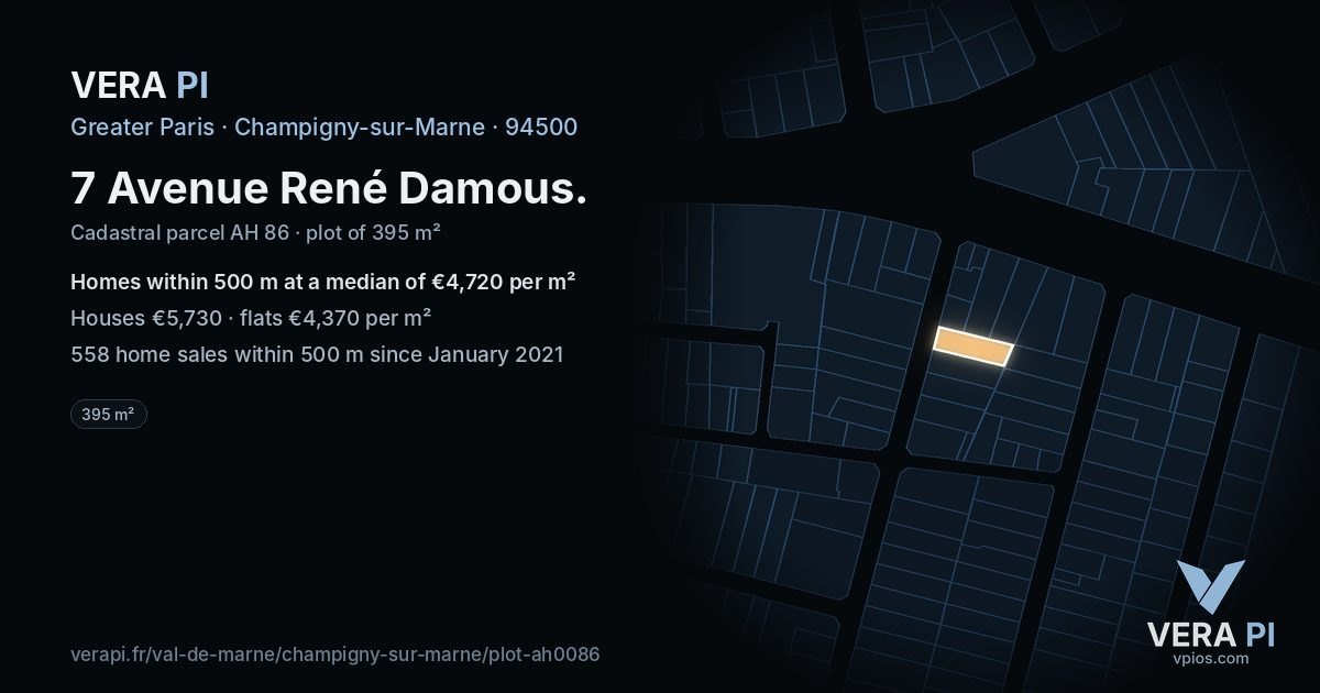 7 Avenue René Damous, Champigny-sur-Marne at night – the plot lit, the parcels around coloured by the prices near them