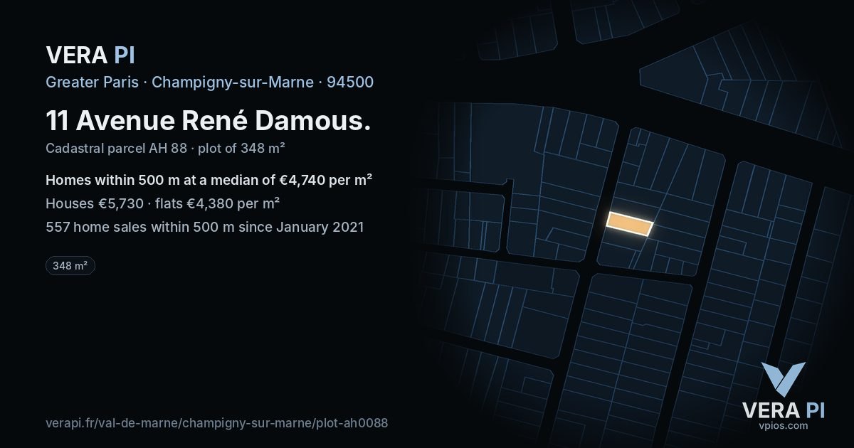11 Avenue René Damous, Champigny-sur-Marne at night – the plot lit, the parcels around coloured by the prices near them