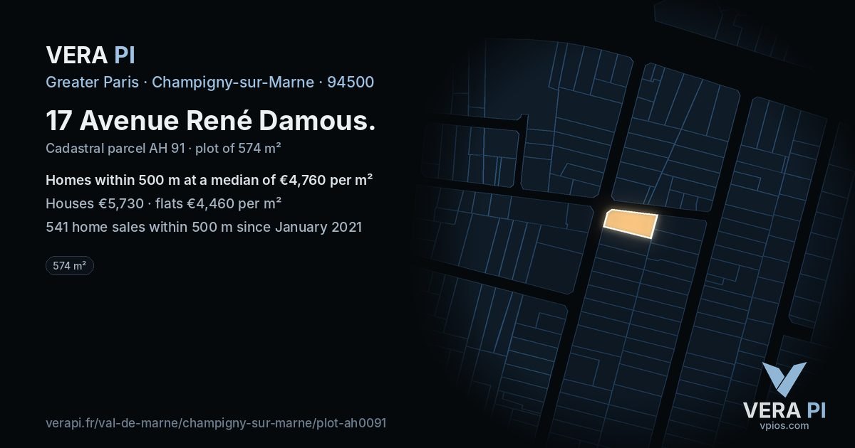 17 Avenue René Damous, Champigny-sur-Marne at night – the plot lit, the parcels around coloured by the prices near them