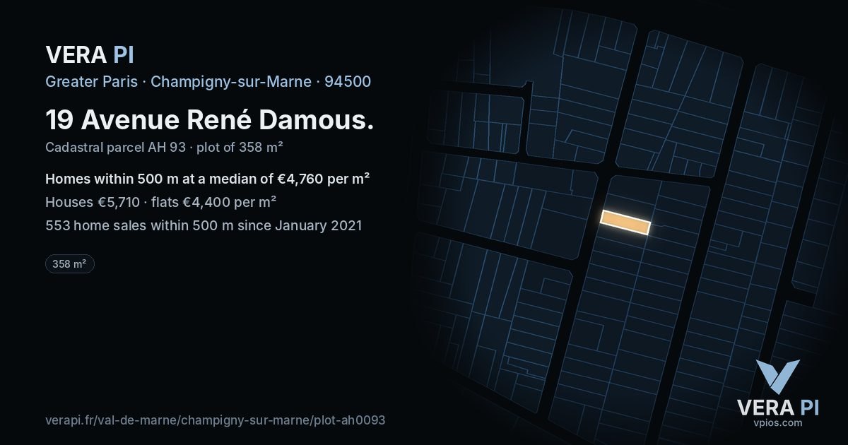 19 Avenue René Damous, Champigny-sur-Marne at night – the plot lit, the parcels around coloured by the prices near them