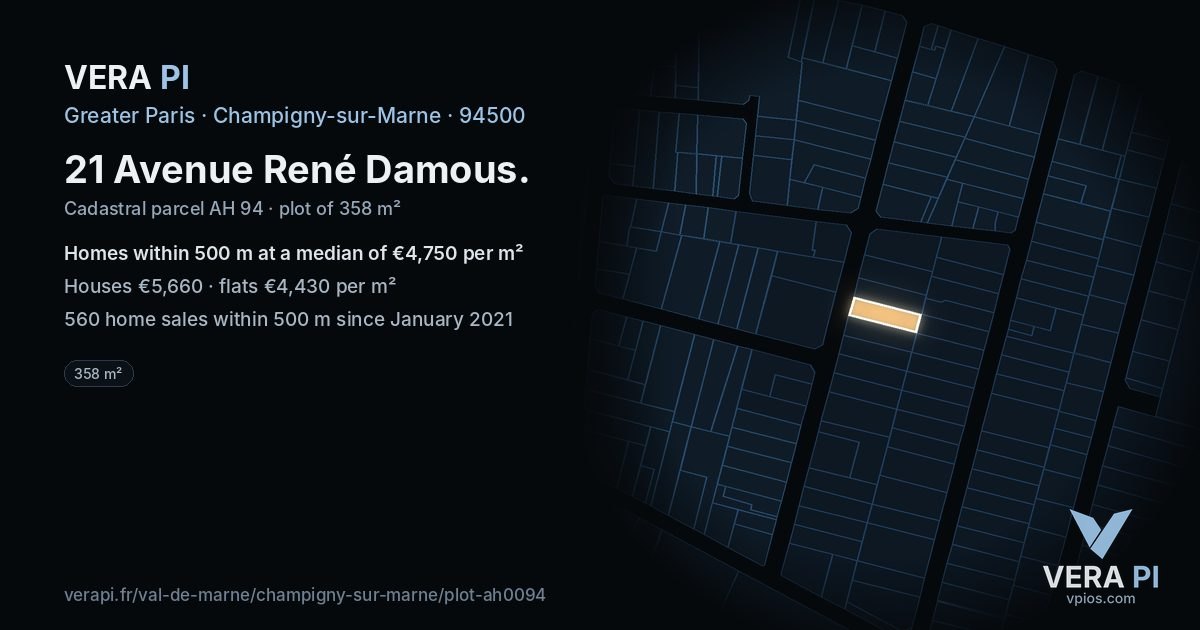 21 Avenue René Damous, Champigny-sur-Marne at night – the plot lit, the parcels around coloured by the prices near them