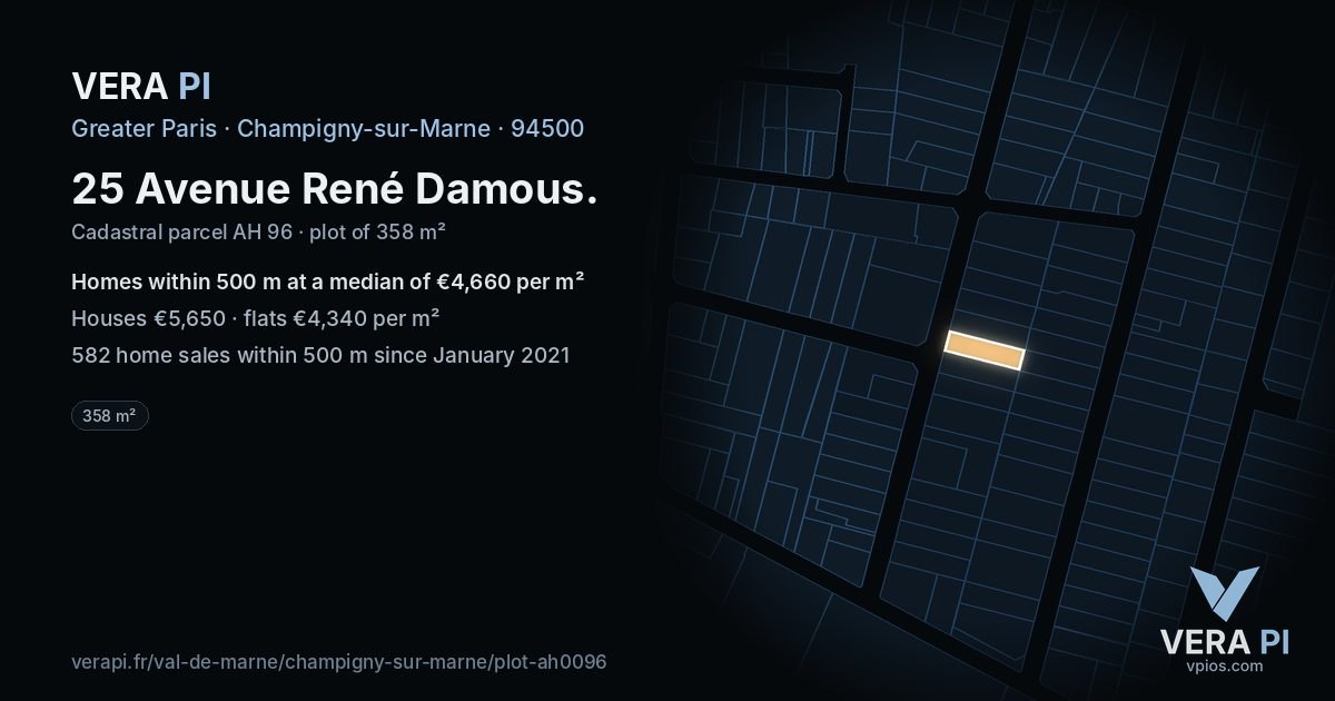 25 Avenue René Damous, Champigny-sur-Marne at night – the plot lit, the parcels around coloured by the prices near them