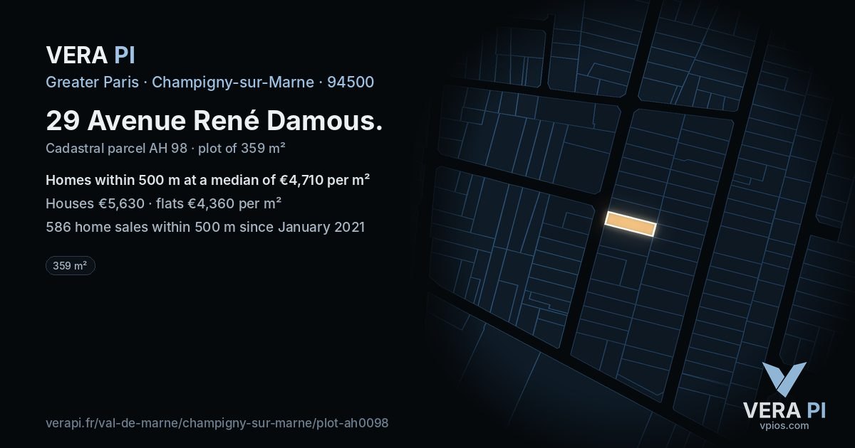 29 Avenue René Damous, Champigny-sur-Marne at night – the plot lit, the parcels around coloured by the prices near them