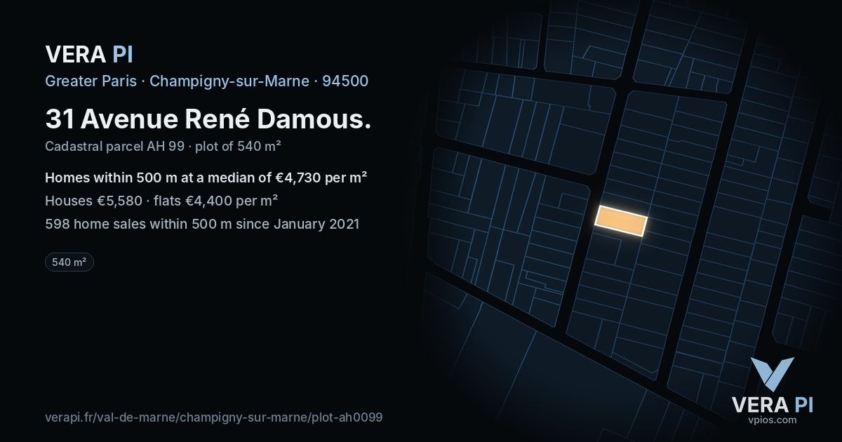 31 Avenue René Damous, Champigny-sur-Marne at night – the plot lit, the parcels around coloured by the prices near them