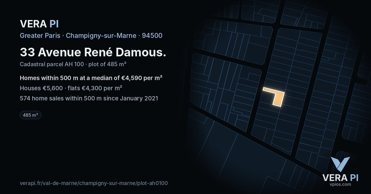 33 Avenue René Damous, Champigny-sur-Marne at night – the plot lit, the parcels around coloured by the prices near them
