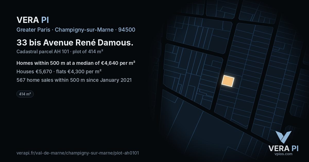 33 bis Avenue René Damous, Champigny-sur-Marne at night – the plot lit, the parcels around coloured by the prices near them