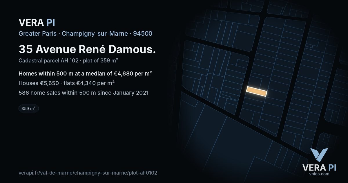 35 Avenue René Damous, Champigny-sur-Marne at night – the plot lit, the parcels around coloured by the prices near them