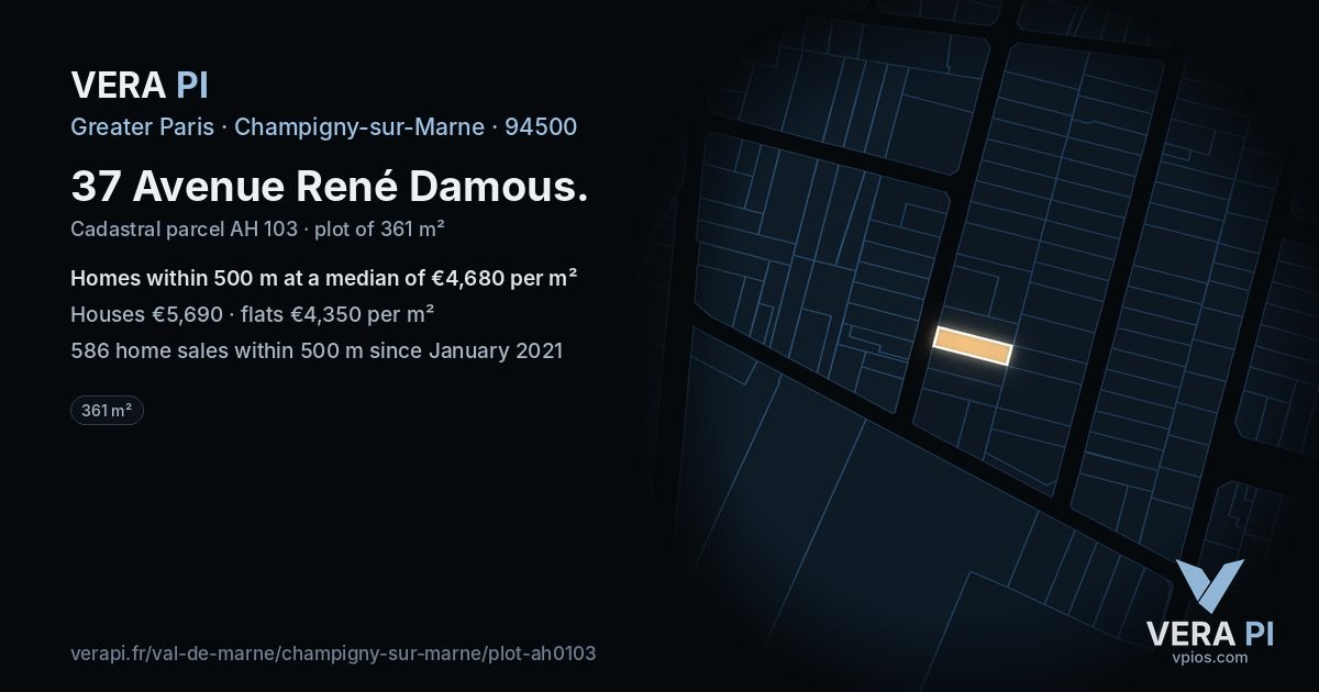 37 Avenue René Damous, Champigny-sur-Marne at night – the plot lit, the parcels around coloured by the prices near them