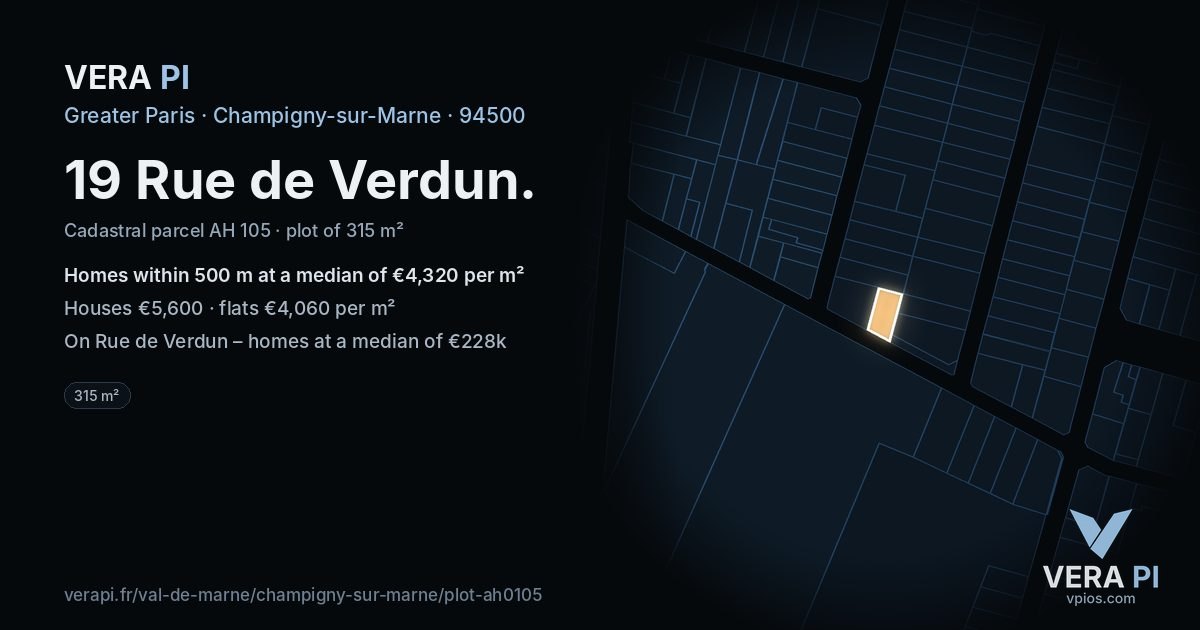 19 Rue de Verdun, Champigny-sur-Marne at night – the plot lit, the parcels around coloured by the prices near them