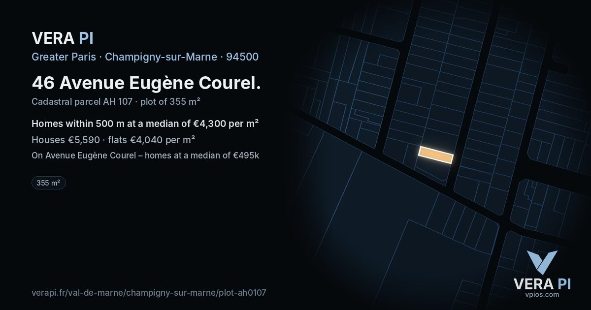 46 Avenue Eugène Courel, Champigny-sur-Marne at night – the plot lit, the parcels around coloured by the prices near them