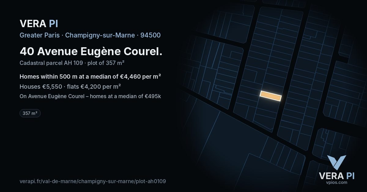 40 Avenue Eugène Courel, Champigny-sur-Marne at night – the plot lit, the parcels around coloured by the prices near them