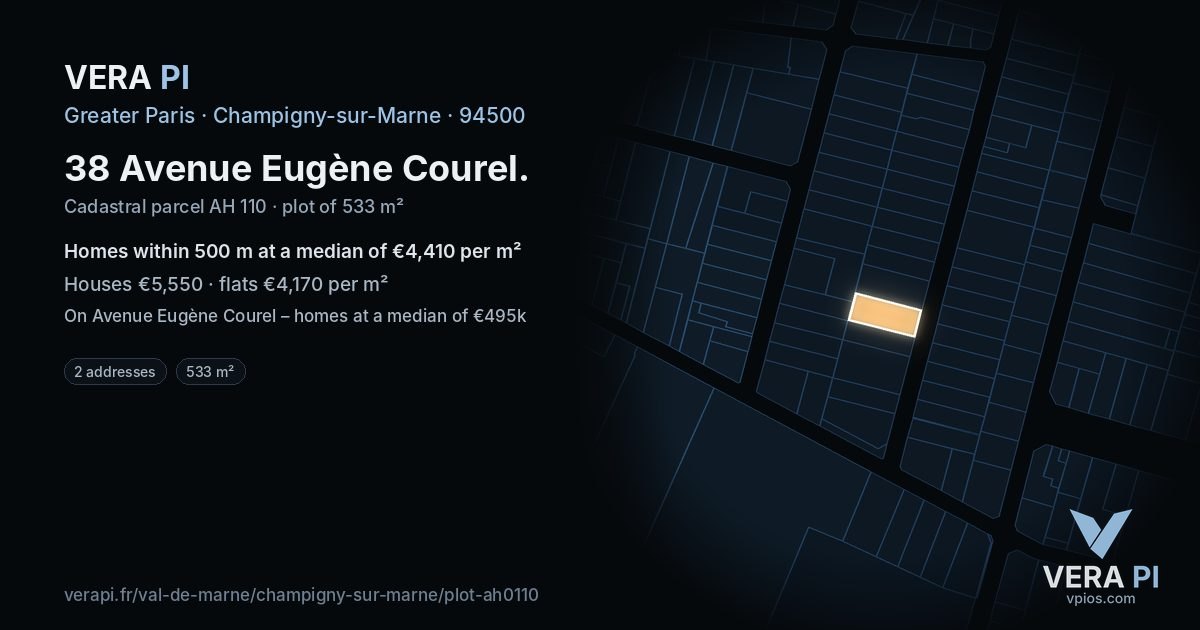 38 Avenue Eugène Courel, Champigny-sur-Marne at night – the plot lit, the parcels around coloured by the prices near them