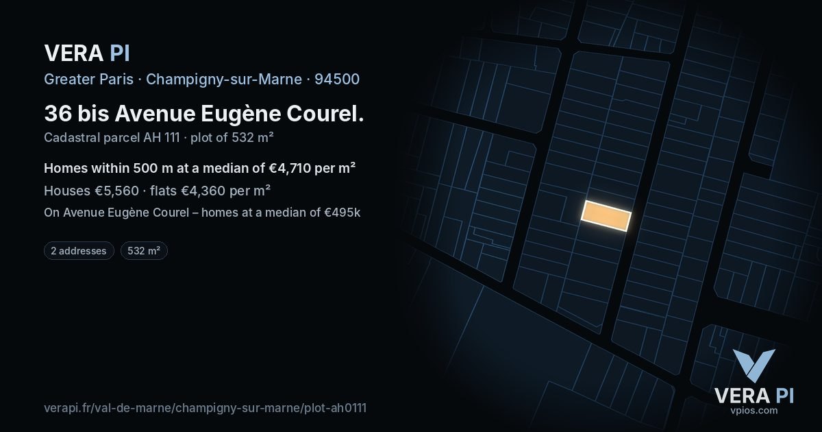 36 bis Avenue Eugène Courel, Champigny-sur-Marne at night – the plot lit, the parcels around coloured by the prices near them
