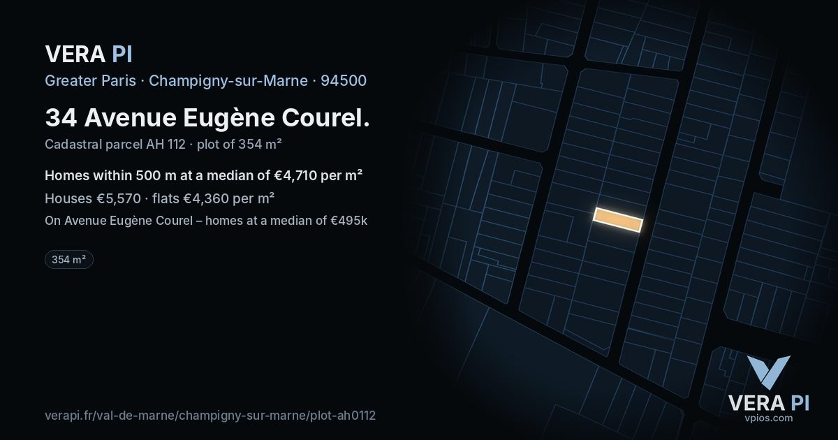 34 Avenue Eugène Courel, Champigny-sur-Marne at night – the plot lit, the parcels around coloured by the prices near them