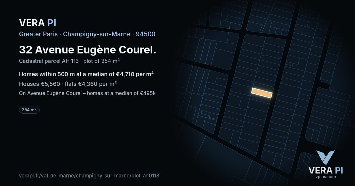 32 Avenue Eugène Courel, Champigny-sur-Marne at night – the plot lit, the parcels around coloured by the prices near them