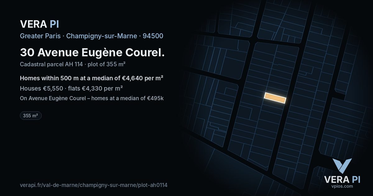 30 Avenue Eugène Courel, Champigny-sur-Marne at night – the plot lit, the parcels around coloured by the prices near them