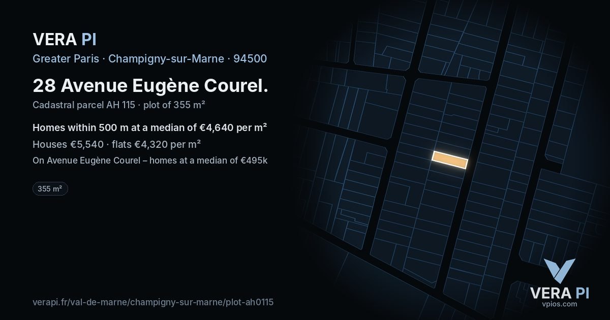 28 Avenue Eugène Courel, Champigny-sur-Marne at night – the plot lit, the parcels around coloured by the prices near them