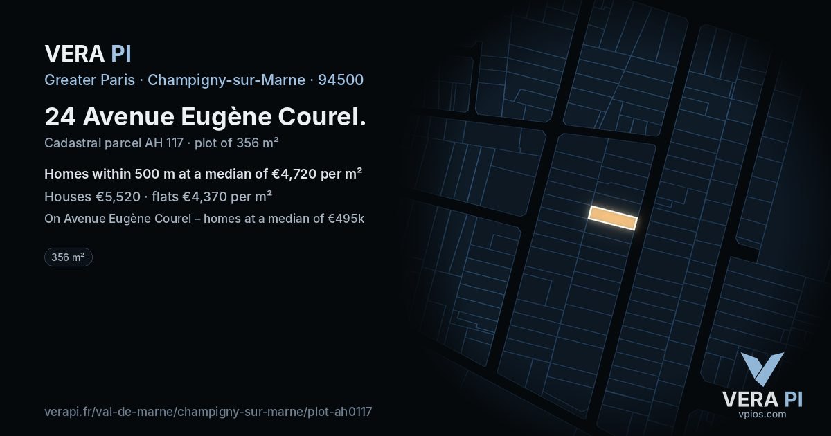 24 Avenue Eugène Courel, Champigny-sur-Marne at night – the plot lit, the parcels around coloured by the prices near them