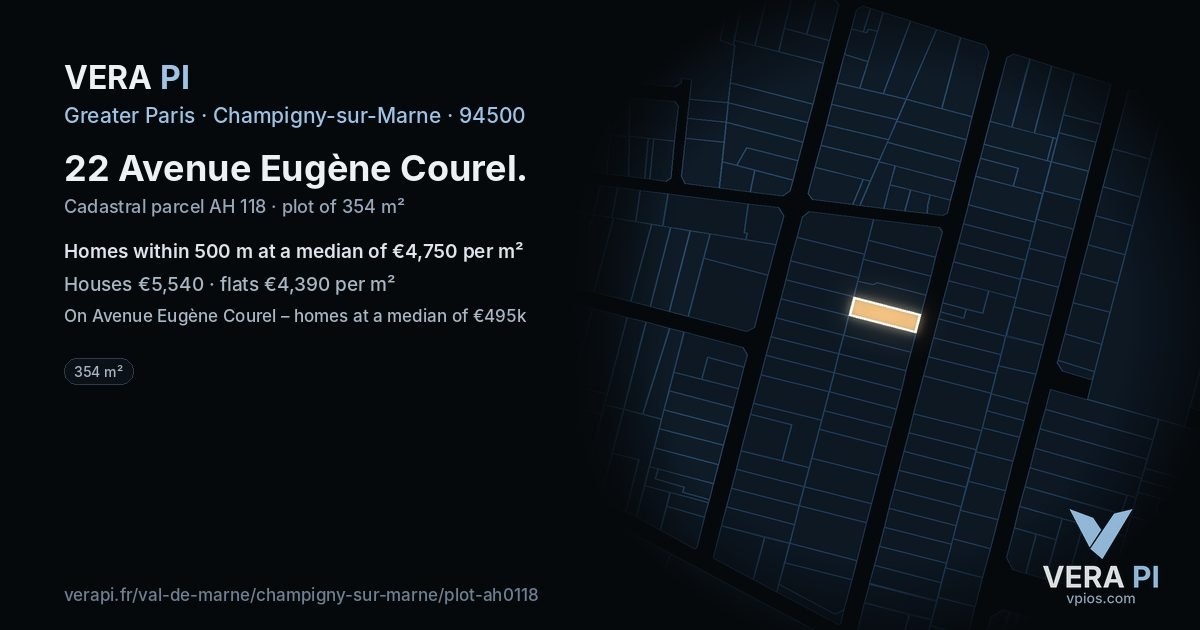 22 Avenue Eugène Courel, Champigny-sur-Marne at night – the plot lit, the parcels around coloured by the prices near them