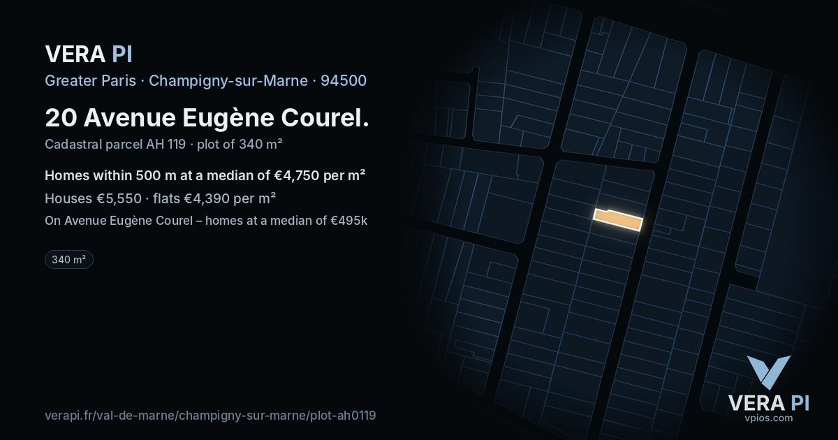 20 Avenue Eugène Courel, Champigny-sur-Marne at night – the plot lit, the parcels around coloured by the prices near them