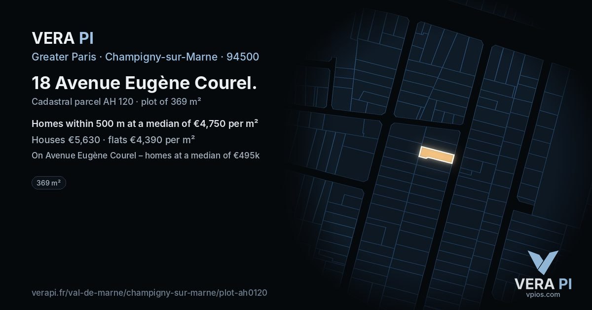 18 Avenue Eugène Courel, Champigny-sur-Marne at night – the plot lit, the parcels around coloured by the prices near them