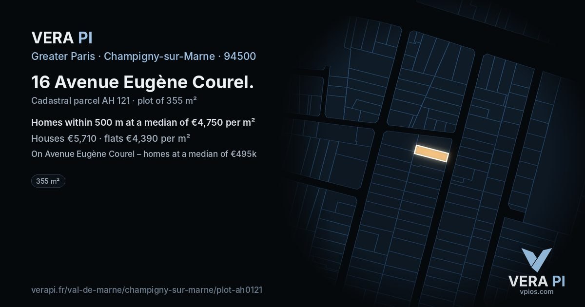 16 Avenue Eugène Courel, Champigny-sur-Marne at night – the plot lit, the parcels around coloured by the prices near them