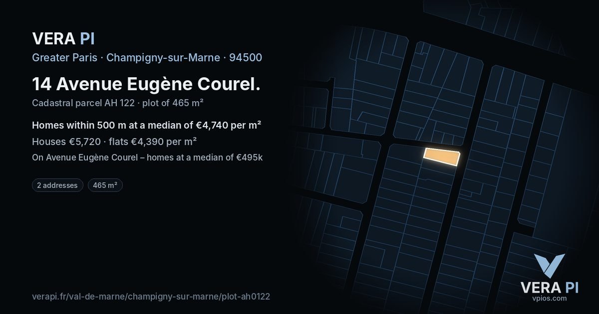 14 Avenue Eugène Courel, Champigny-sur-Marne at night – the plot lit, the parcels around coloured by the prices near them