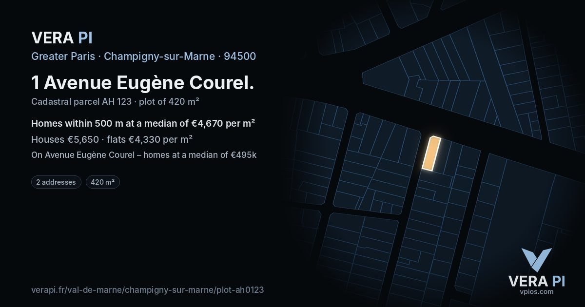 1 Avenue Eugène Courel, Champigny-sur-Marne at night – the plot lit, the parcels around coloured by the prices near them