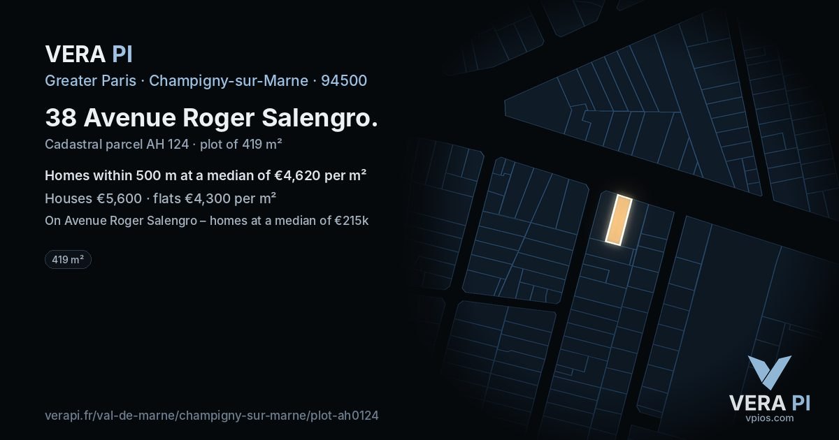 38 Avenue Roger Salengro, Champigny-sur-Marne at night – the plot lit, the parcels around coloured by the prices near them