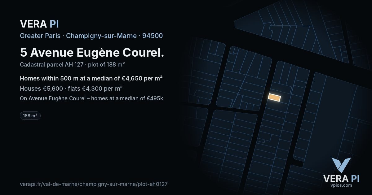5 Avenue Eugène Courel, Champigny-sur-Marne at night – the plot lit, the parcels around coloured by the prices near them