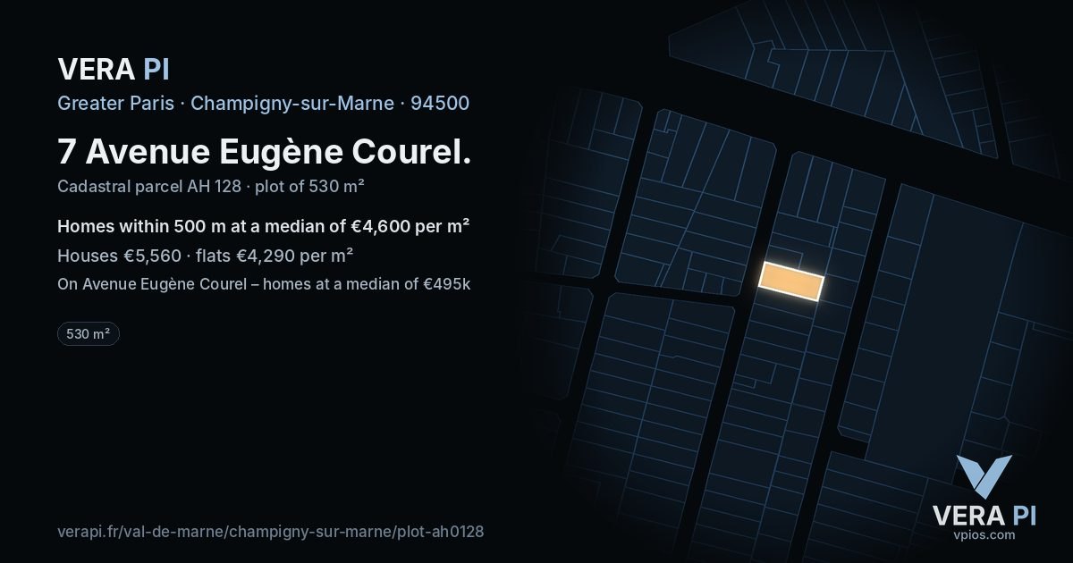 7 Avenue Eugène Courel, Champigny-sur-Marne at night – the plot lit, the parcels around coloured by the prices near them