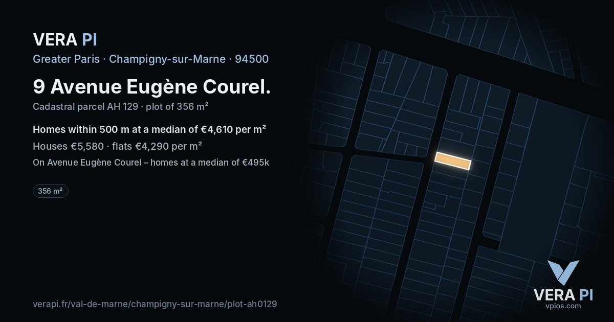 9 Avenue Eugène Courel, Champigny-sur-Marne at night – the plot lit, the parcels around coloured by the prices near them