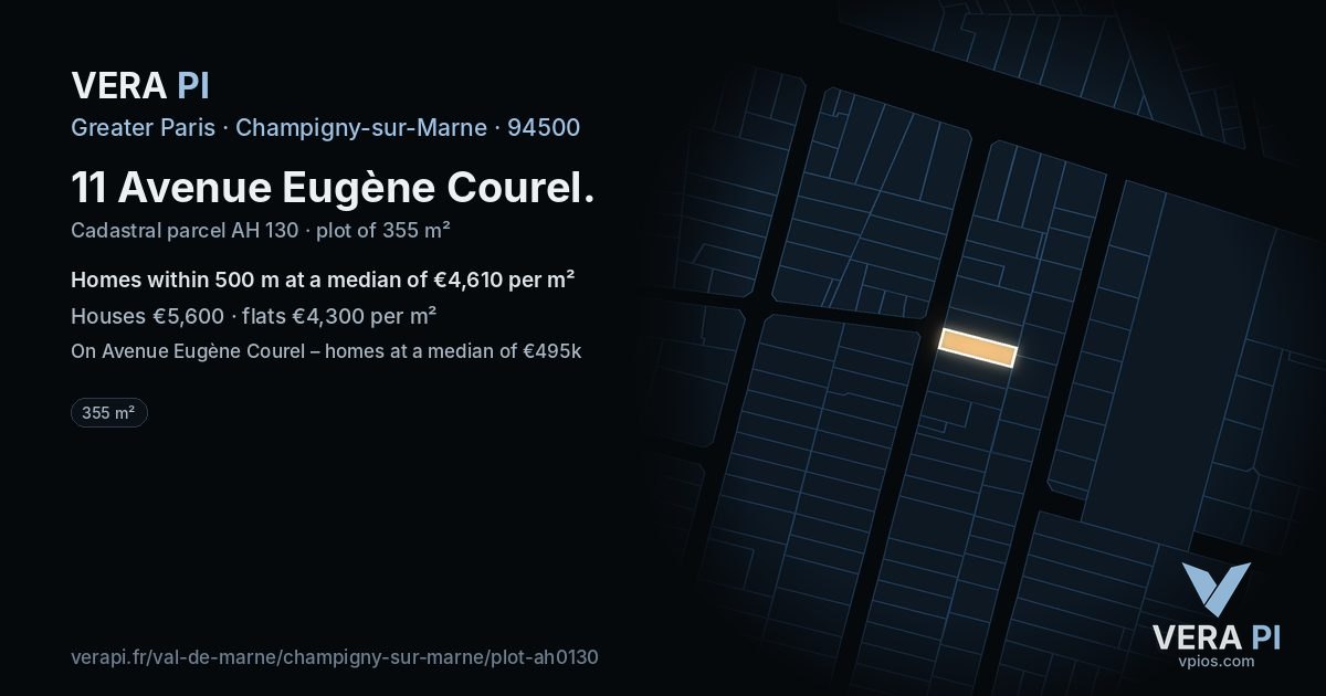 11 Avenue Eugène Courel, Champigny-sur-Marne at night – the plot lit, the parcels around coloured by the prices near them