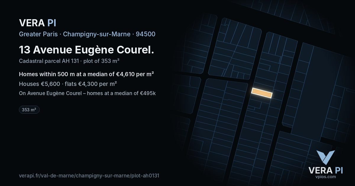 13 Avenue Eugène Courel, Champigny-sur-Marne at night – the plot lit, the parcels around coloured by the prices near them