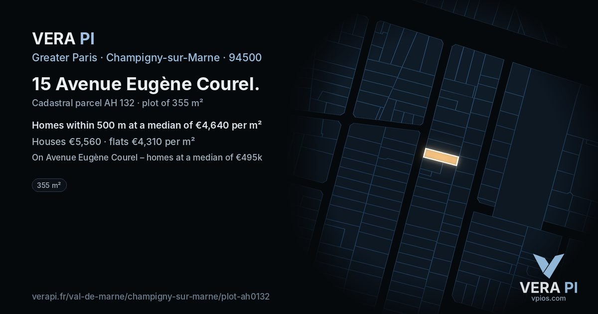 15 Avenue Eugène Courel, Champigny-sur-Marne at night – the plot lit, the parcels around coloured by the prices near them